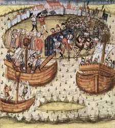 The crusaders loading St. Louis coffin on board at Tunis in 1270, from the Grandes Chroniques de France, 1450